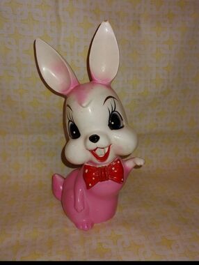 Vintage 50s Kitsch Mid Century Pink Bunny Rabbit Cute Figurine